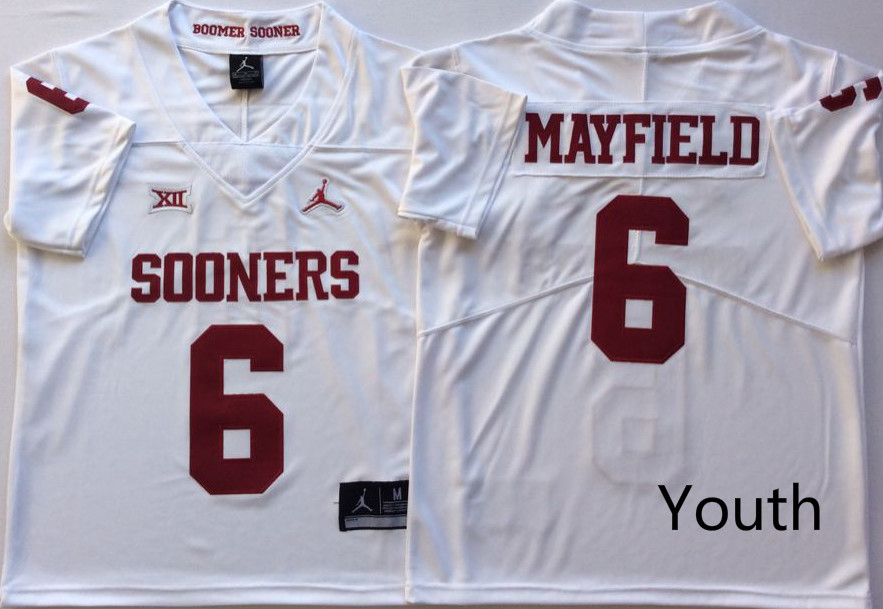 NCAA Youth Oklahoma Sooners White #6 MAYFIELD jerseys->youth ncaa jersey->Youth Jersey